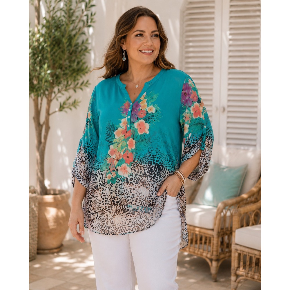 Soft Surroundings Women's 1X Teal Floral Animal Print Boho Tunic Blouse Plus
